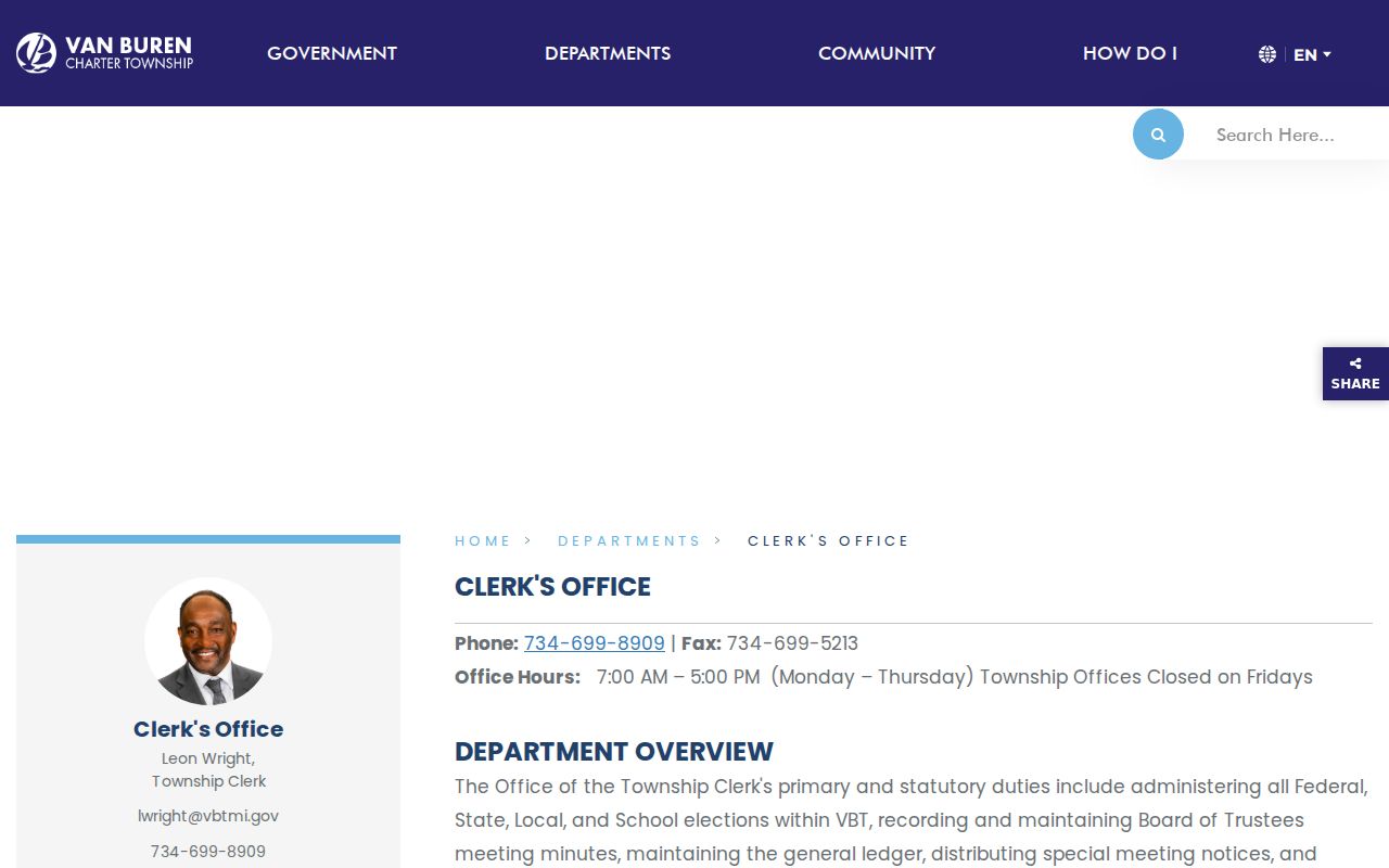 Van Buren Township residents directory Township Clerk records and election services