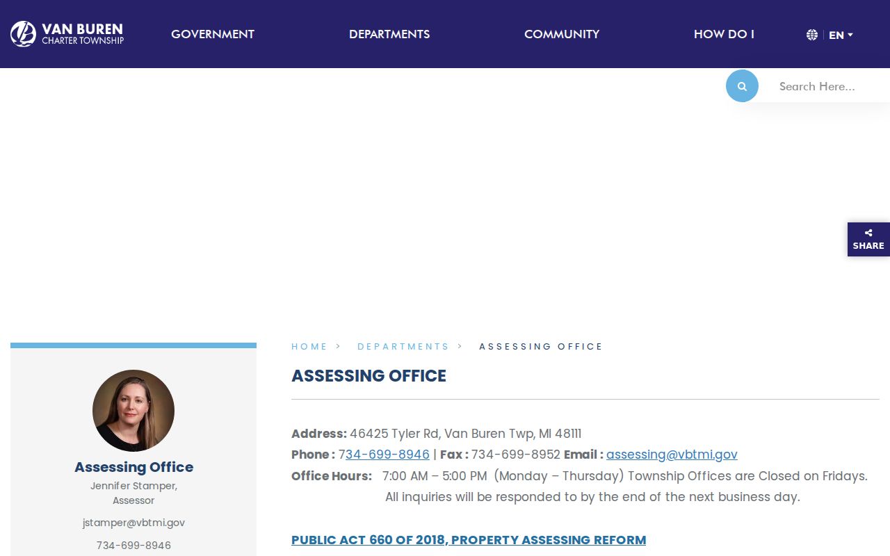 Van Buren Township street directory assessor office and BSA property-search route