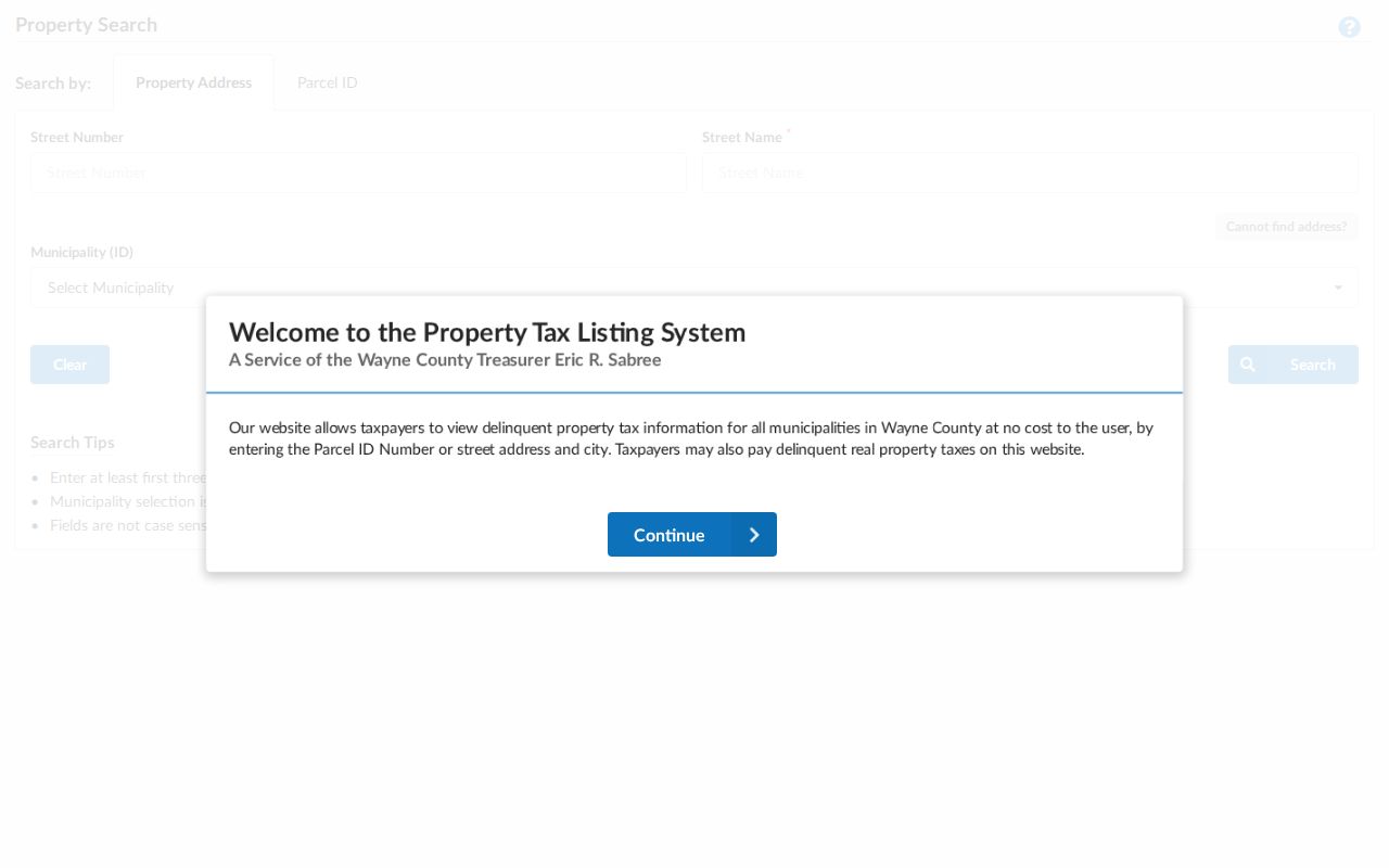 Van Buren Township street directory Wayne County delinquent property-tax search fields
