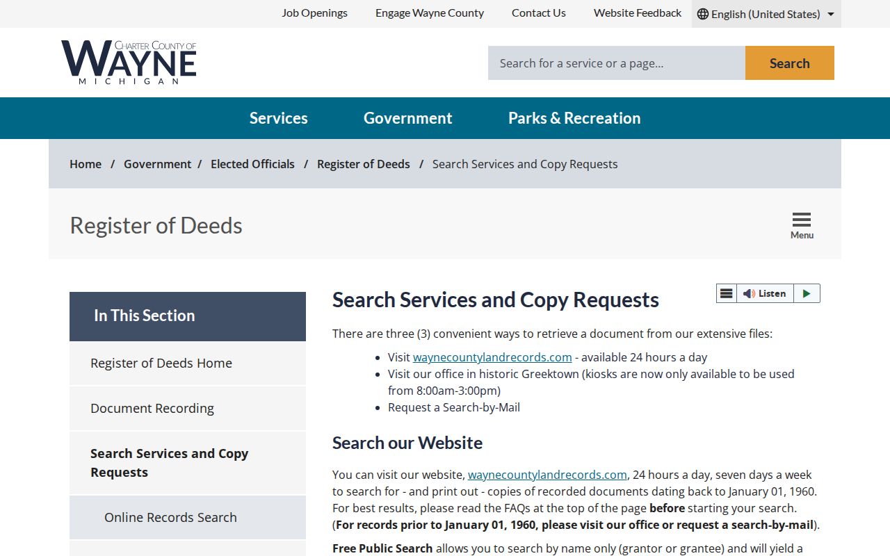 Van Buren Township street directory Wayne County Register of Deeds search and copy options