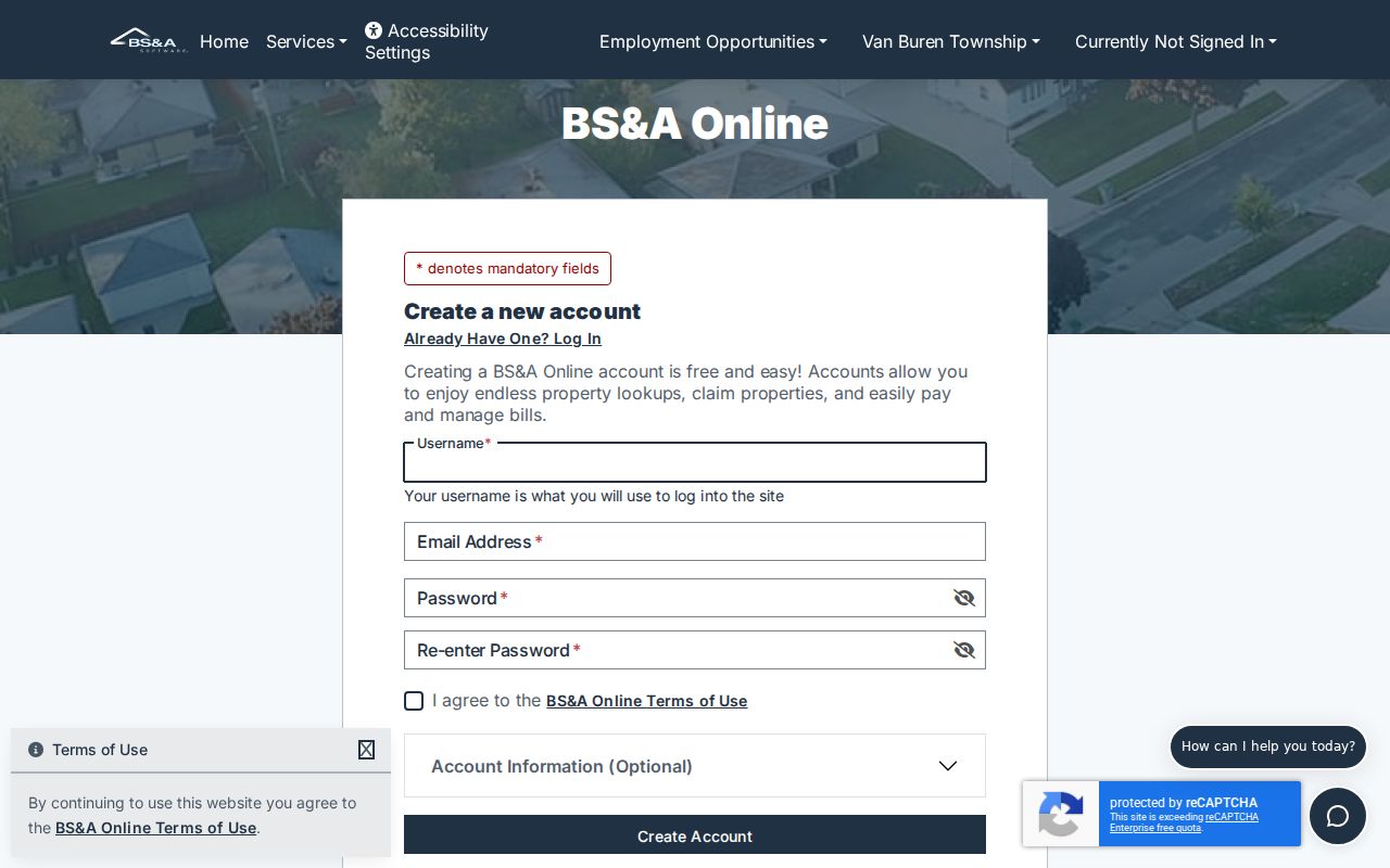 Van Buren Township ZIP code directory BSA account and property-search access options