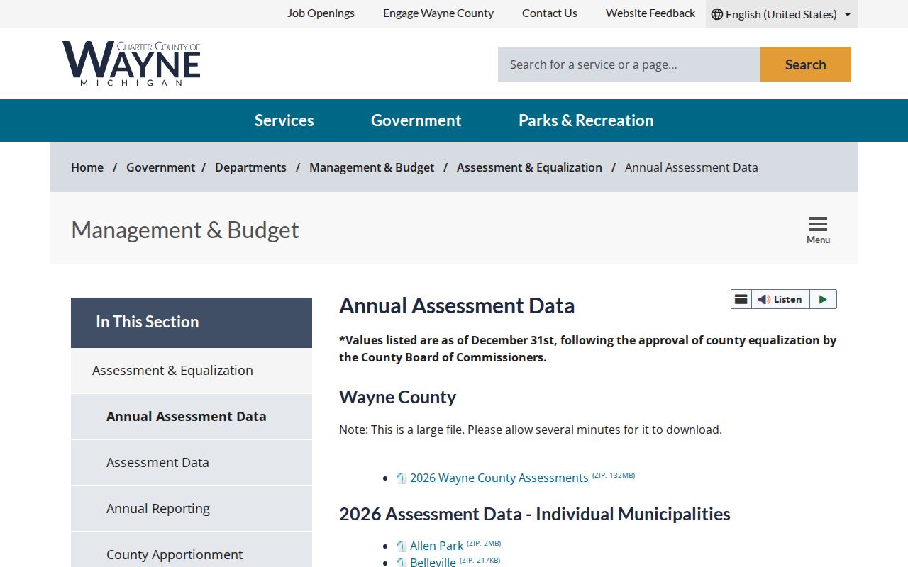 Van Buren Township ZIP code directory Wayne County annual assessment data access